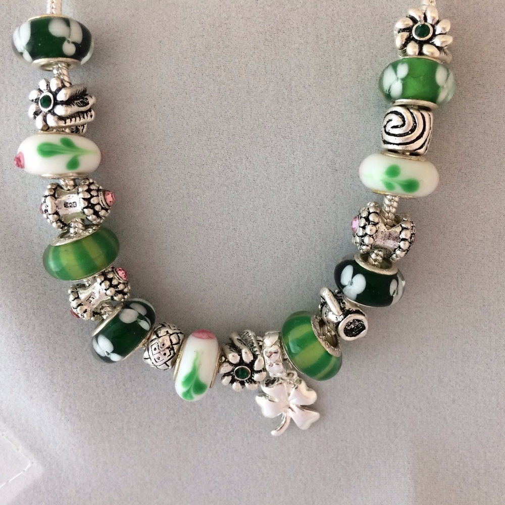 Green, Silver clover charm Necklace